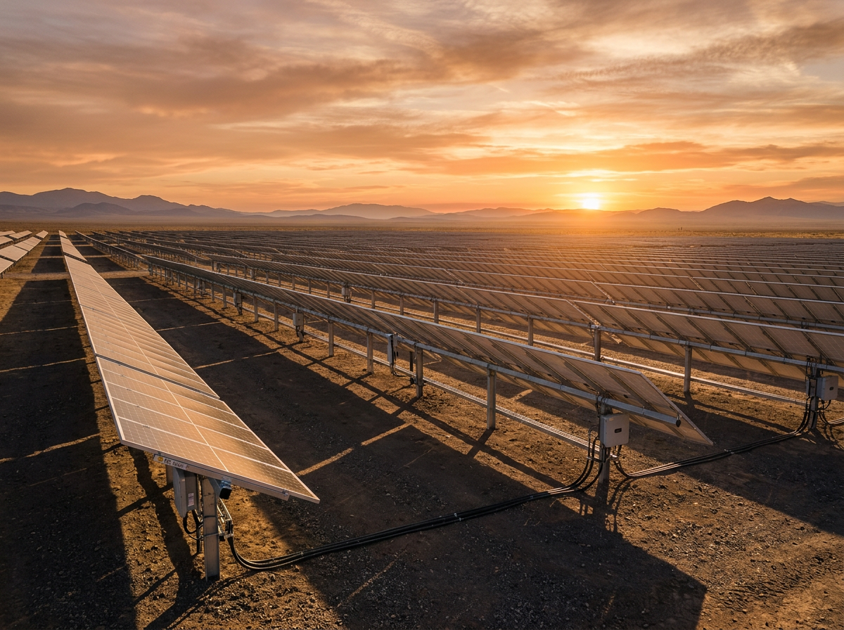Utility-scale solar array at golden hour with rows of photovoltaic panels